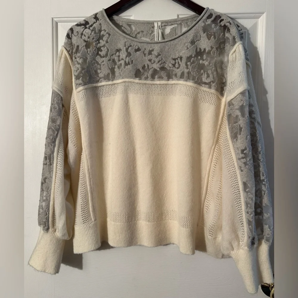 ANTHROPOLOGIE Plus 1X Ivory Pewter Balloon Sleeve Wool Blend Boho Lace Sweater - Picture 6 of 16